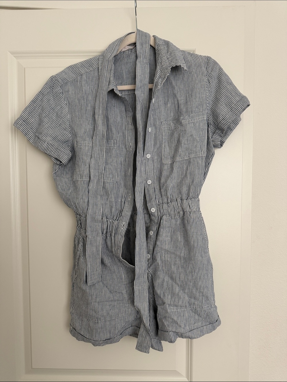 Women’s Casual Short-Sleeve Button Romper - Blue Stripe